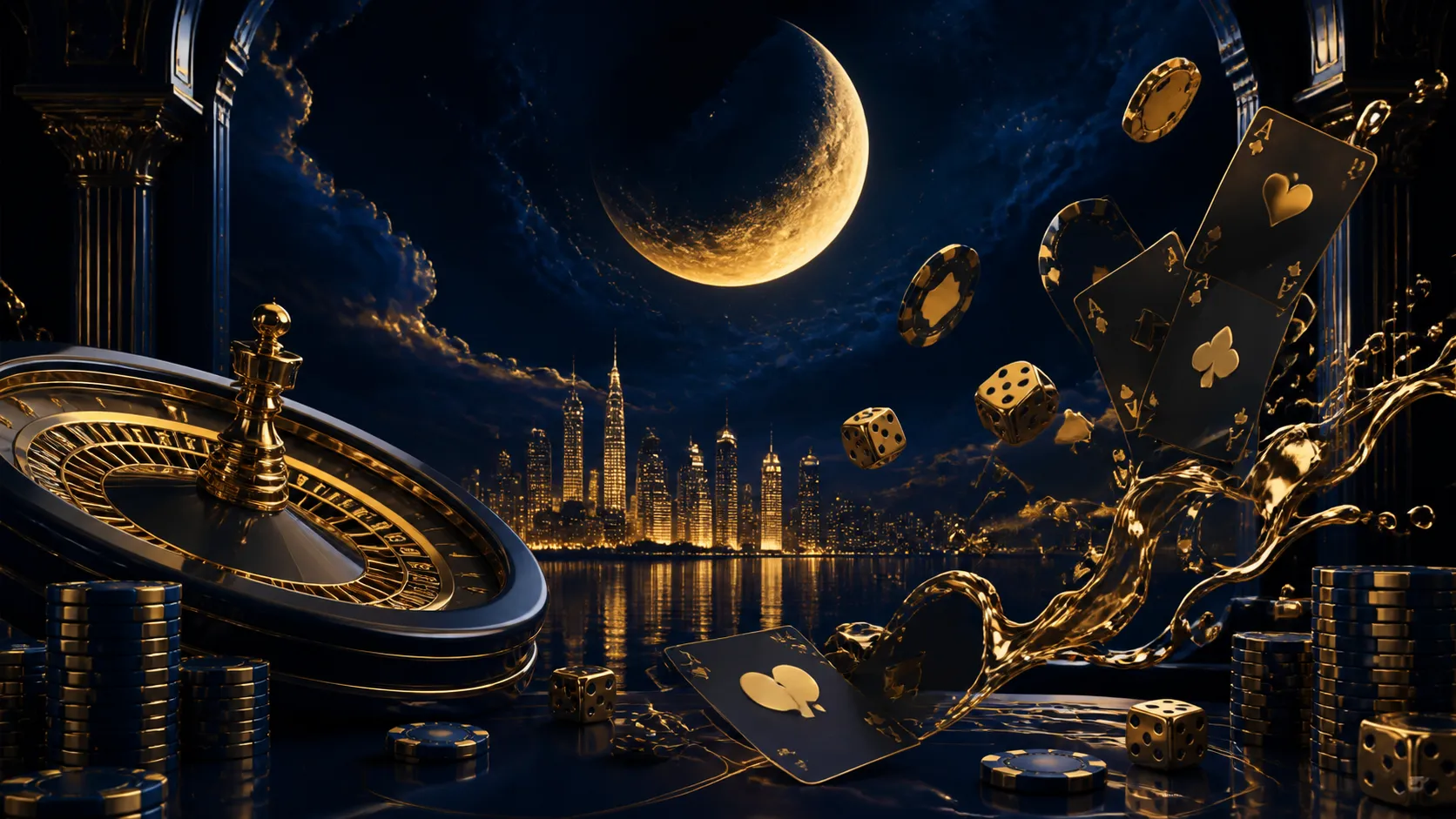 Cyberpunk-themed casino banner with neon poker chips, glowing cards, and a vibrant roulette wheel, reflecting luxury and exci