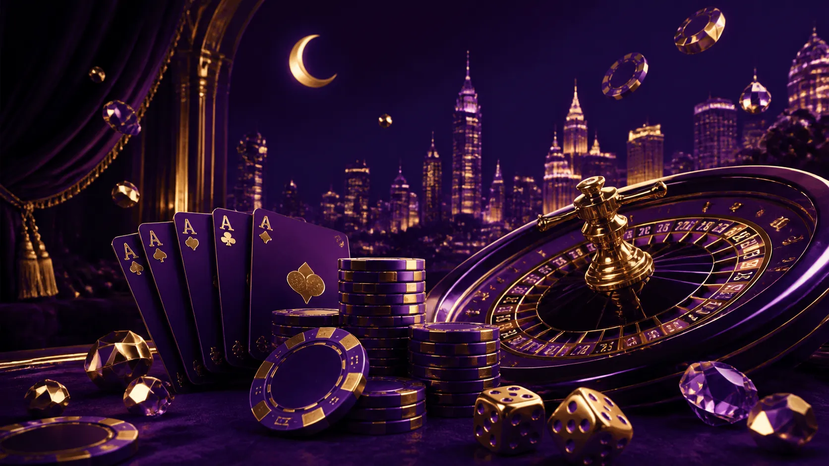 Luxurious casino scene with poker chips, slot machine reels, and neon lights, reflecting a glamorous night theme.